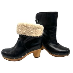 Ugg Lynnea Black Leather Shearling Wood Heel Clog Pull On Boots